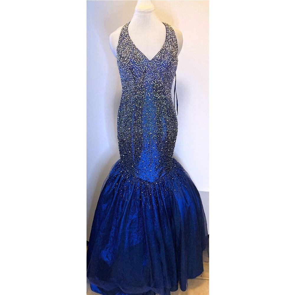 Evenings by Allure vintage midnight blue beaded mermaid gown